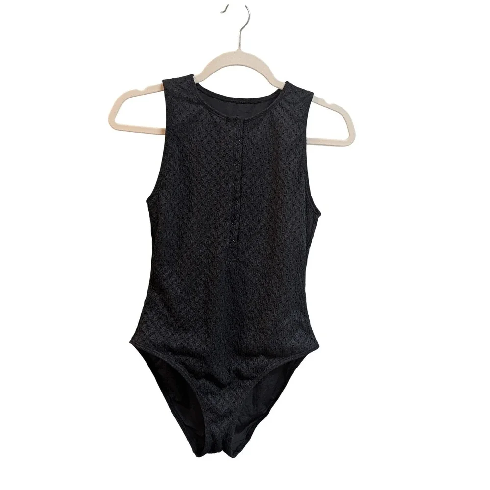 Andie Swim The Malibu Eyelet One Piece Swimsuit Black Henley Snap Front Approx S - Picture 7 of 12